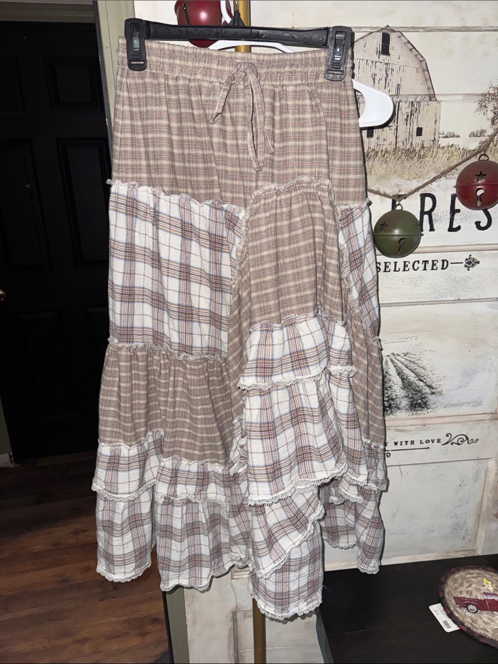 easel Beige and White Plaid Tiered Maxi Skirt